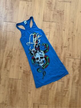 Vintage Y2K Ed Hardy Cotton Blue Graphic Tunic Tank Top Dress Coverup Small